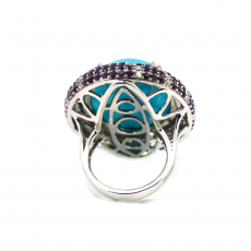 Turquoise Cab Oval 28.70 Carat Cocktail Ring In 14K White Gold Accented With Diamonds And Purple Sapphire
