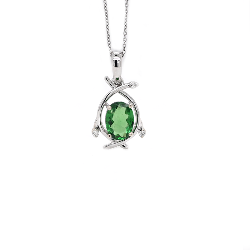 Tsavorite Garnet Oval Shape 1.16 Carat Pendant with Accent Diamonds in 14K White Gold
