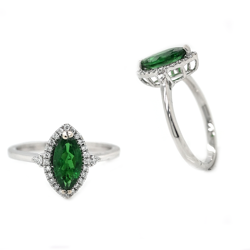 Tsavorite Garnet Marquise Shape 1.16 Carat With Accented Diamond Ring In 14K White Gold