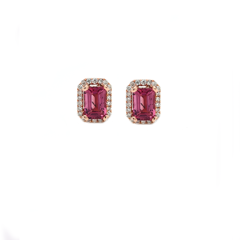 Rubellite Tourmaline Emerald Cut 1.35 Carat Stud Earring With Diamond Accents In 14k Rose Gold