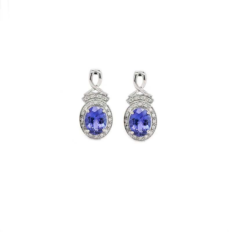 Tanzanite Oval Shape 3.27 Carat Stud Earrings in 14k White Gold Accented with Diamonds