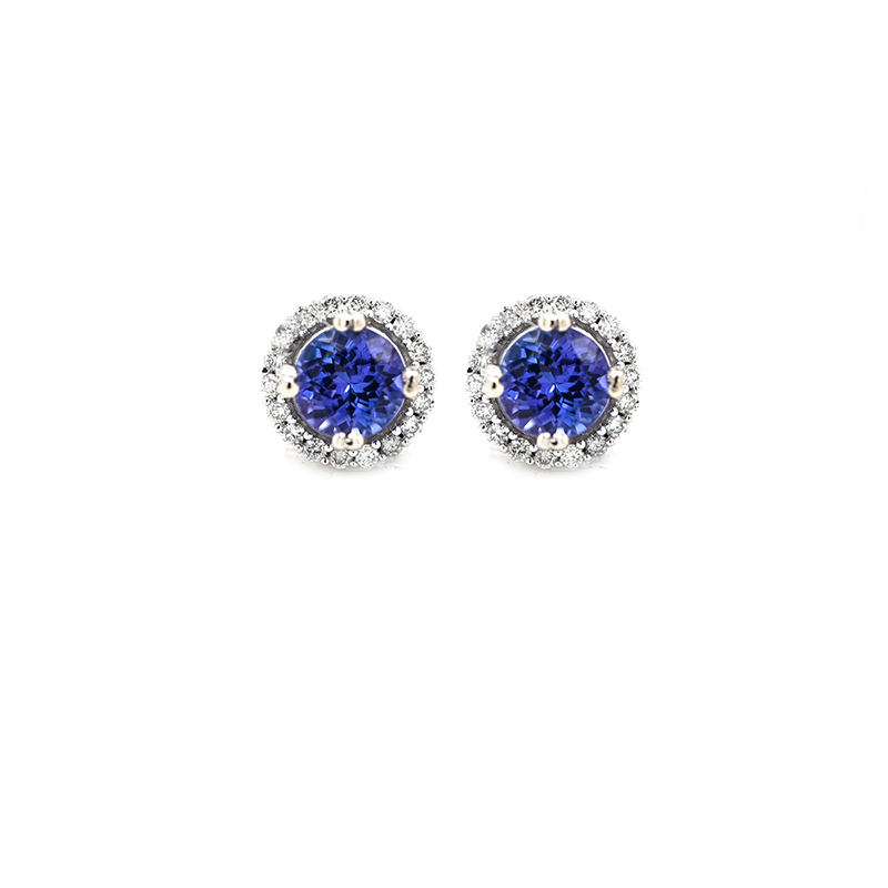 Tanzanite Round Shape 2.26 Carat Stud Earrings in 14k White Gold Accented with Diamonds