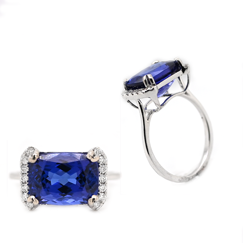 East-West Tanzanite Elongated Cushion Cut 5.47 Carat Ring in 14K White Gold with Diamond Accents