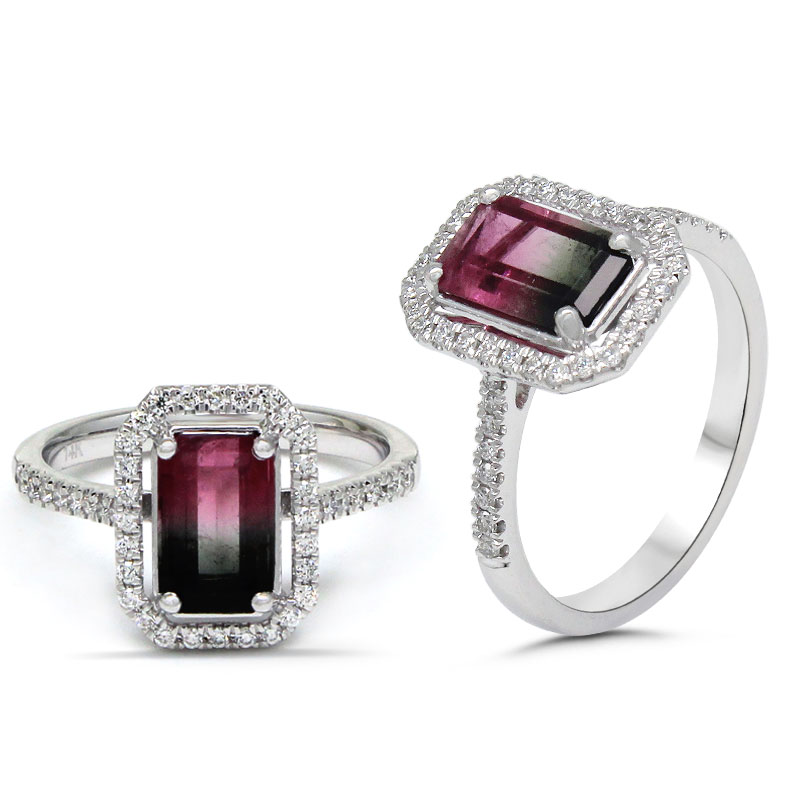 Watermelon Tourmaline Emerald Cut 1.38 Carats l Ring in 14K White Gold With Diamond Accents