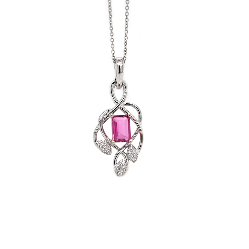 Rubellite Tourmaline Emerald Cut Shape 0.47 Carat Pendant in 14K White Gold With Diamond Accents ( Chain Not Included )