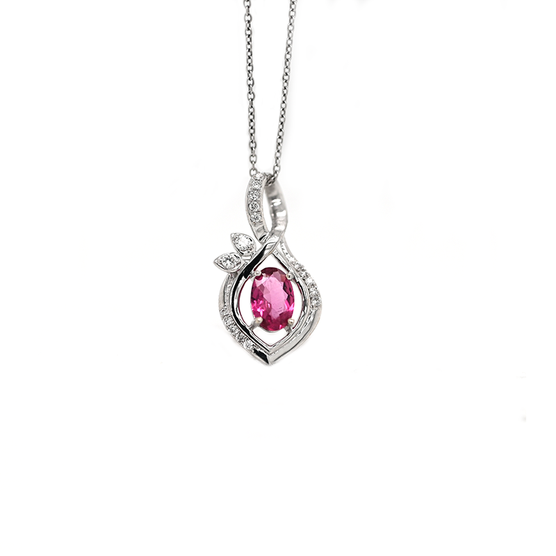 Rubellite Tourmaline Oval Shape 0.48 Carat Pendant in 14K White Gold With Diamond Accents ( Chain Not Included )
