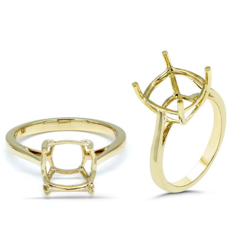 Cushion Shape 9mm Solitaire Ring Semi Mount, 14K Yellow Gold