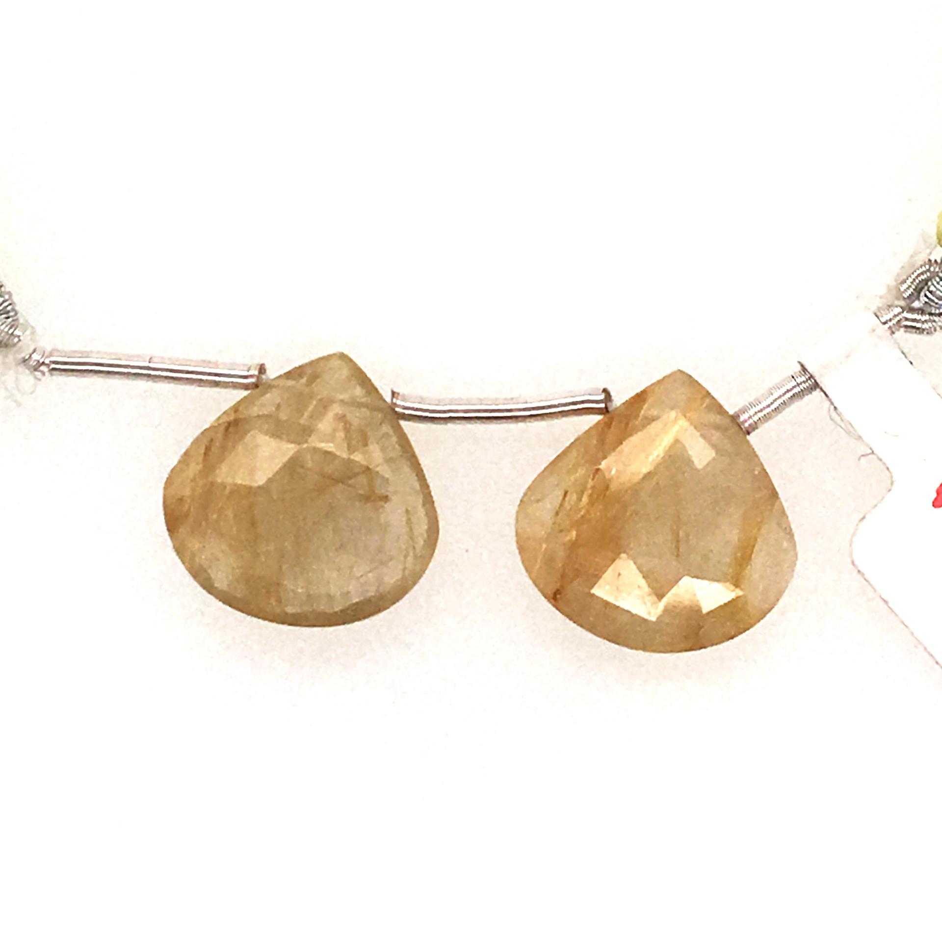 Golden Rutilated Quartz Drops Heart Shape 16mm Drilled Beads Matching Pair