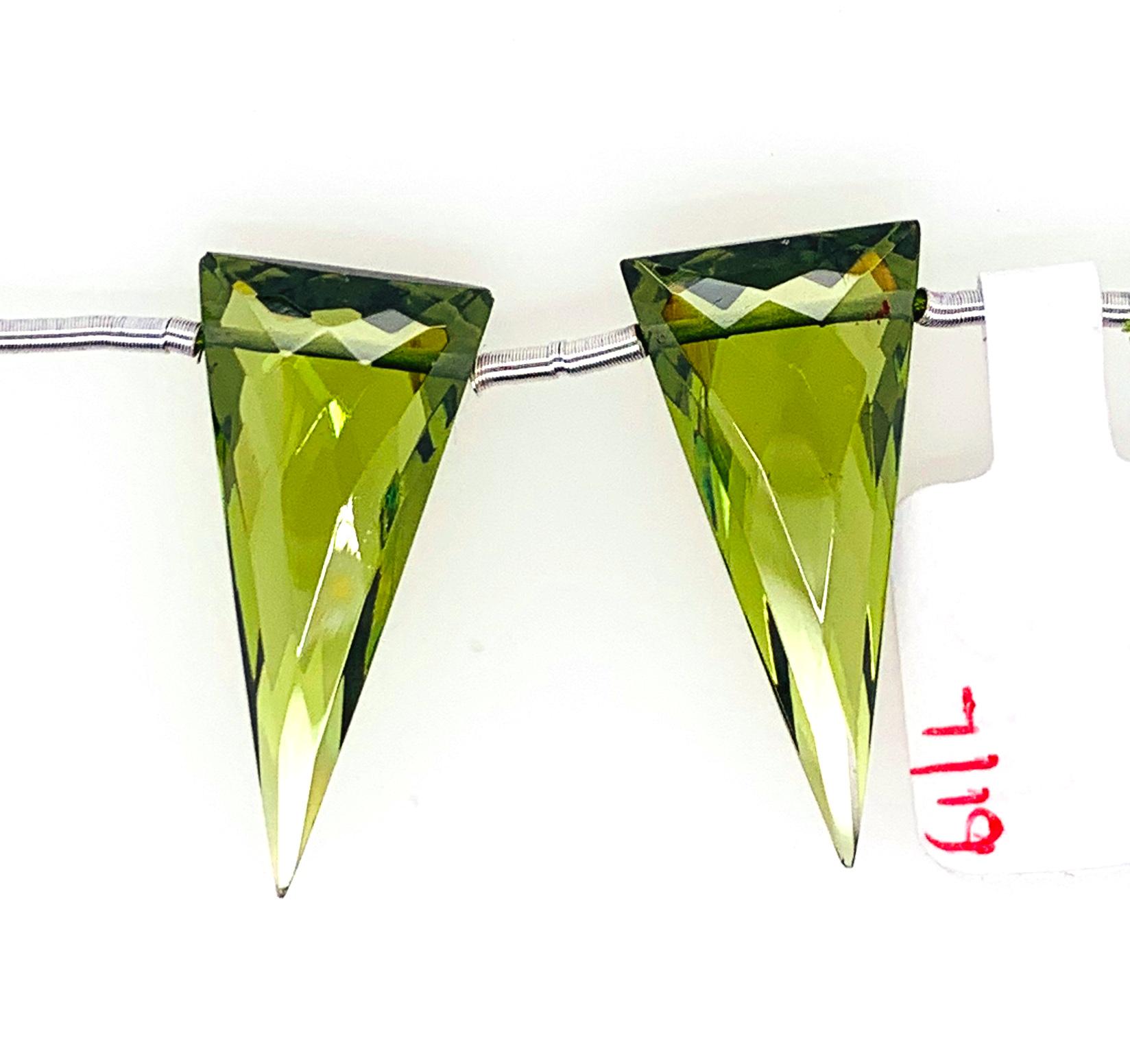 Hydro Peridot Drops Quartz Trillion Shape 28x13mm Drilled Beads Matching Pair