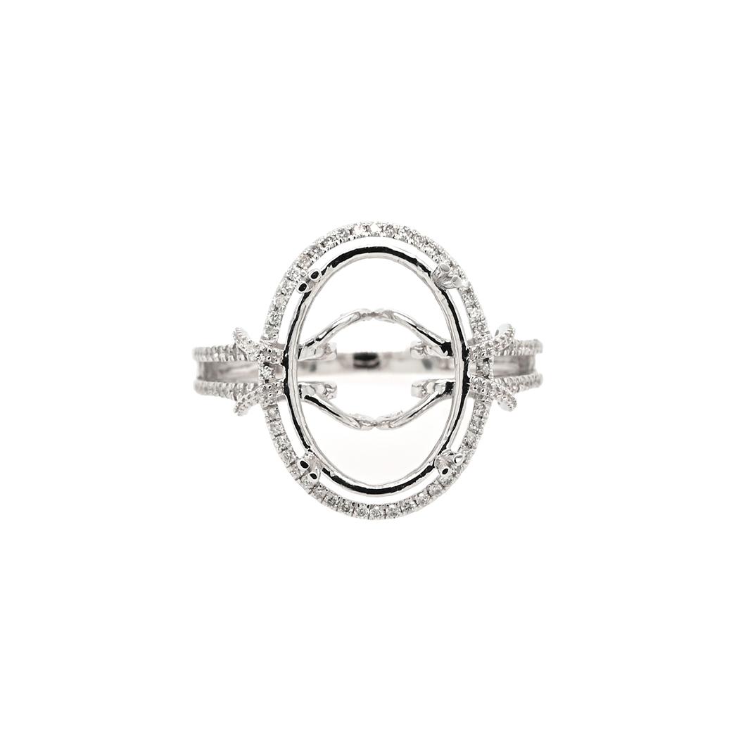 Oval 15x11mm Ring Semi Mount In 14K White Gold With Diamond Accents