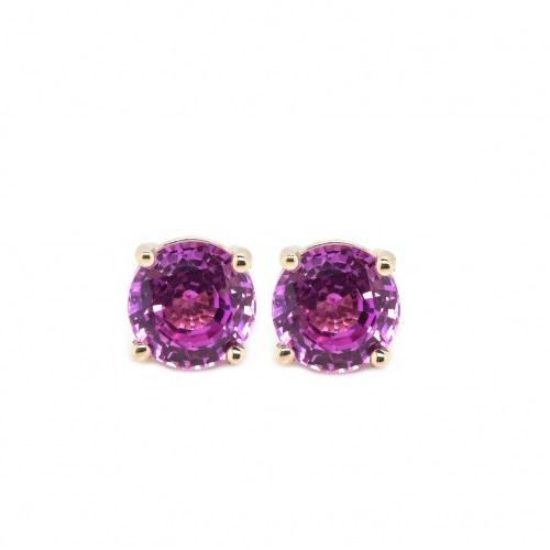 Pink Sapphire Round 6mm, 2.23 Carat Solitaire Stud Earring in 14K Yellow Gold