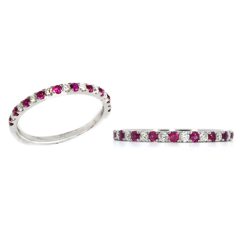 0.21 Carat Burmese Ruby and 0.15 Carat White Diamond Half Eternity Stackable Ring Band In 14K White Gold