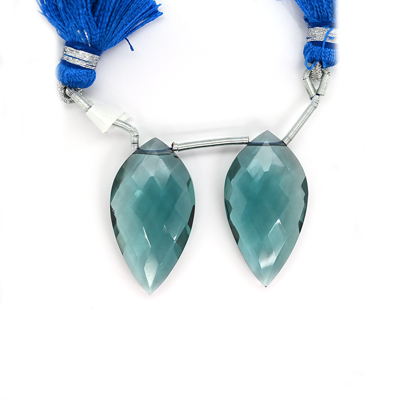 Hydro Aquamarine Quartz Drops Leaf Shape 30X16mm Drilled Beads Matching Pair