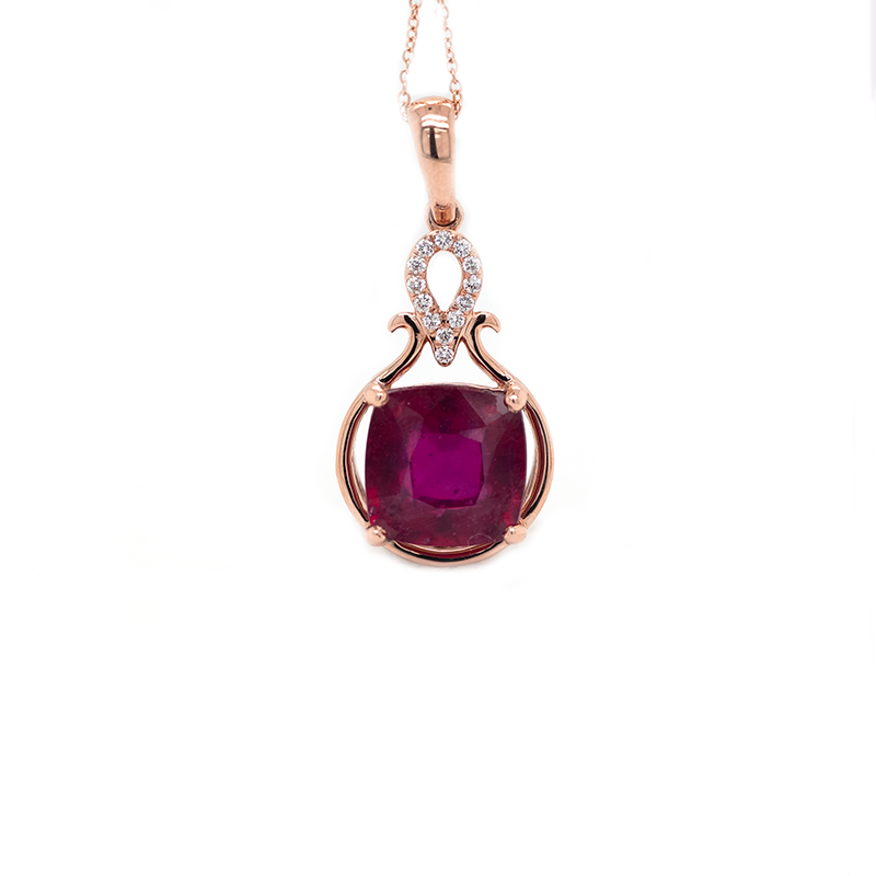Madagascar Ruby Cushion 3.83 Carat Pendant In 14K Rose gold with Accent Diamond( Chain Not Included )