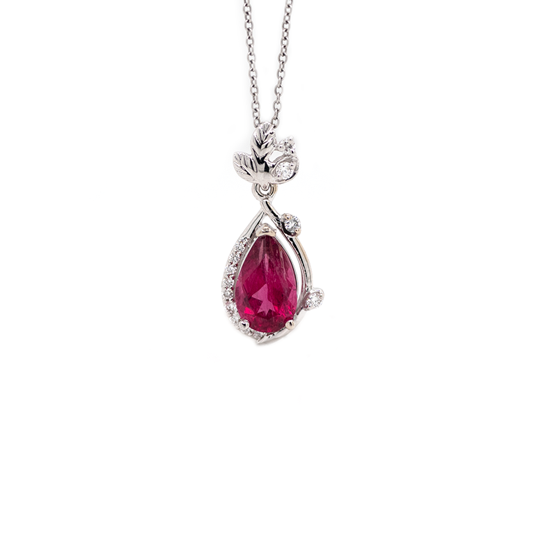 Rubellite Tourmaline Pear Shape 0.91 Carat Pendant in 14K White Gold With Diamond Accents ( Chain Not Included )