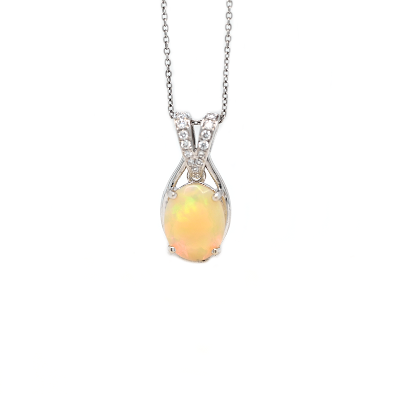 Ethiopian Opal Faceted Oval 1.25 Carat Pendant in 14K White Gold with Accents Diamond(Chain Not Included)