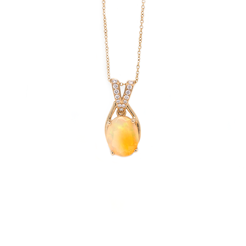 Ethiopian Opal Faceted Oval 1.25 Carat Pendant in 14K Yellow Gold with Accents Diamond (Chain Not Included)