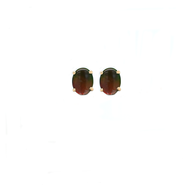 Fossilized Ammolite Cab Oval 3.2 Carat Solitaire Stud Earring in 14K Yellow Gold