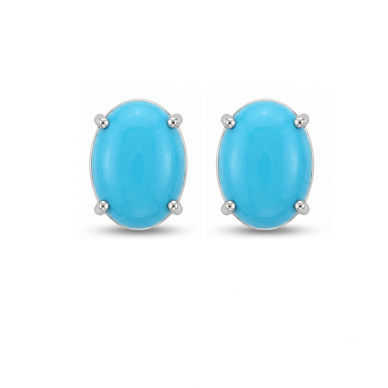 Turquoise Cab Oval 10x8mm, 4.77 Carat Solitaire Stud Earring In 14k White Gold