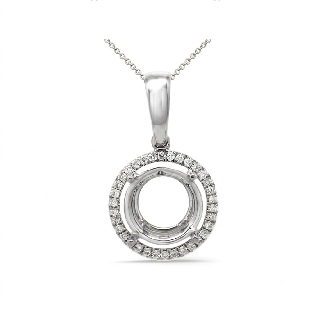 Round 9mm Pendant Semi Mount in 14K White Gold with Diamond Accents (Chain Not Included)