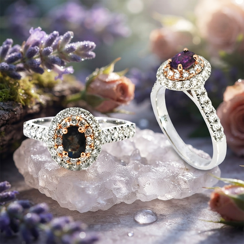 GIA Certified Natural Blue-Green Changing To Purple Alexandrite Oval 0.50 Carat Ring In 14K Dual Tone(White/Rose) Gold With Accented Diamonds