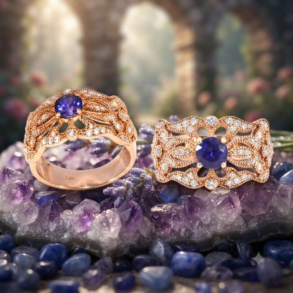 Lavender Purple Sapphire Round 0.62 Carat Ring In 14K Rose Gold Accented With Diamonds