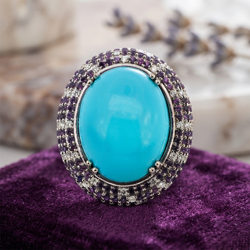 Turquoise Cab Oval 28.70 Carat Cocktail Ring In 14K White Gold Accented With Diamonds And Purple Sapphire