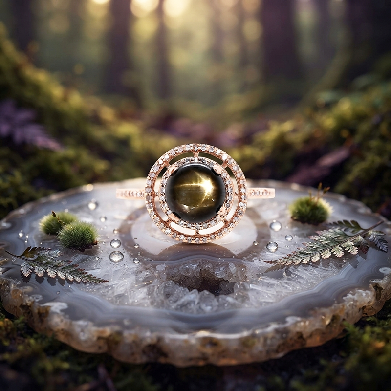 1.97 Carat Black Star Sapphire And Diamond Ring In 14K Rose Gold