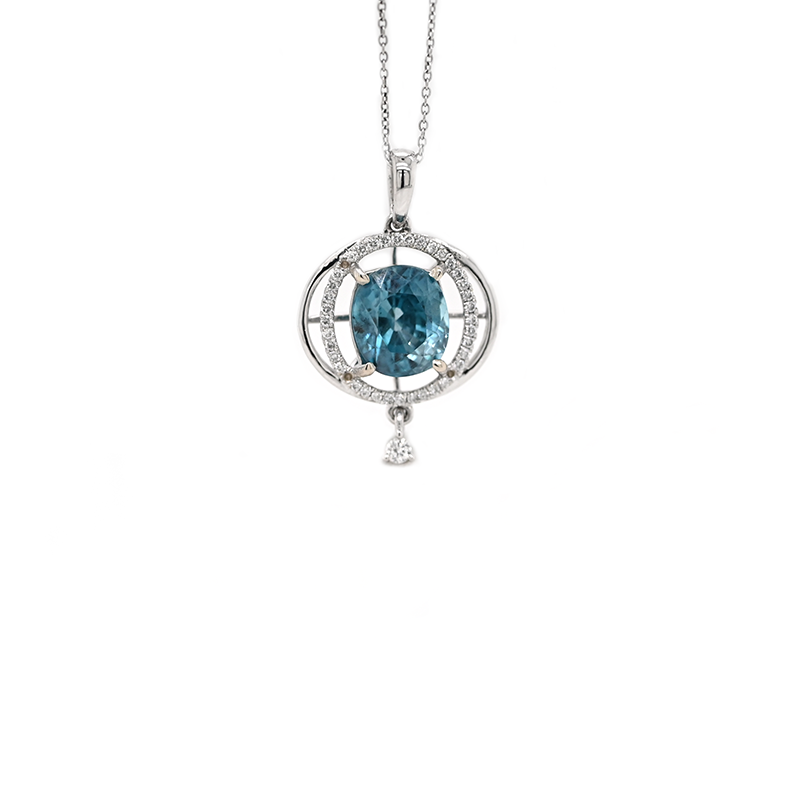Blue Zircon Oval 4.17 Carat Pendant in 14K White Gold with Diamond Accents(Chain not Incvluded)