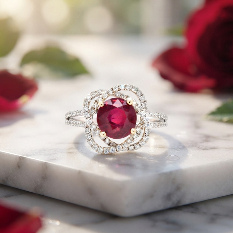 Madagascar Ruby Round 1.75 Carat With Accent Diamonds Double Halo Ring In 14k Dual Tone ( White / Yellow ) Gold