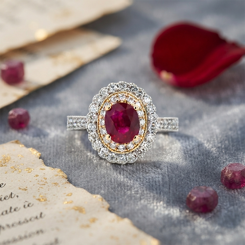Burmese Ruby Oval 1.29 Carat Ring With Diamond Accent in 14K Dual Tone (Yellow/White) Gold