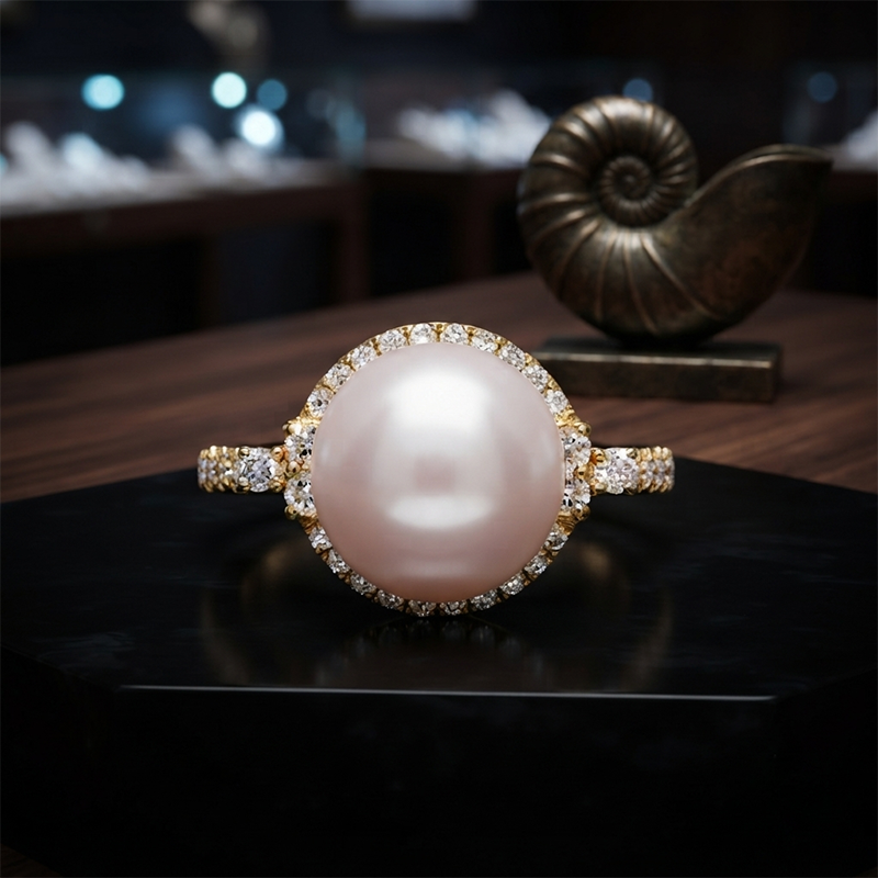 Freshwater Pearl 5.20 Carat With Accented Diamond Halo Engagement Ring in 14K Yellow Gold