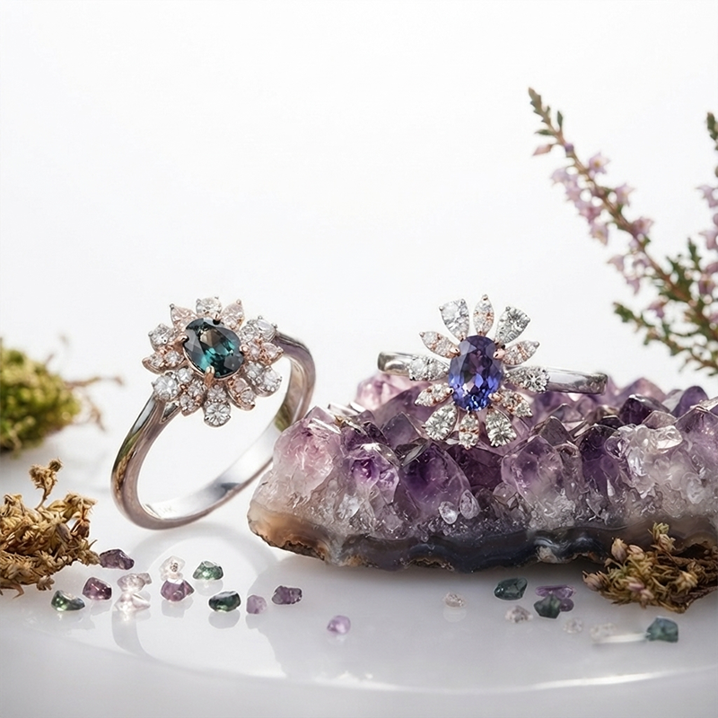 GIA Certified Natural Blue-Green Changing To Purple Alexandrite Oval 0.50 Carat Ring In 14K Dual Tone(White/Rose) Gold With Accented Diamonds