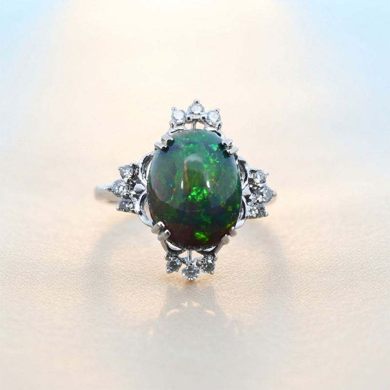 Ethiopian Black Opal Cab Oval 3.88 Carat Ring In 14K White Gold Accented With Diamonds