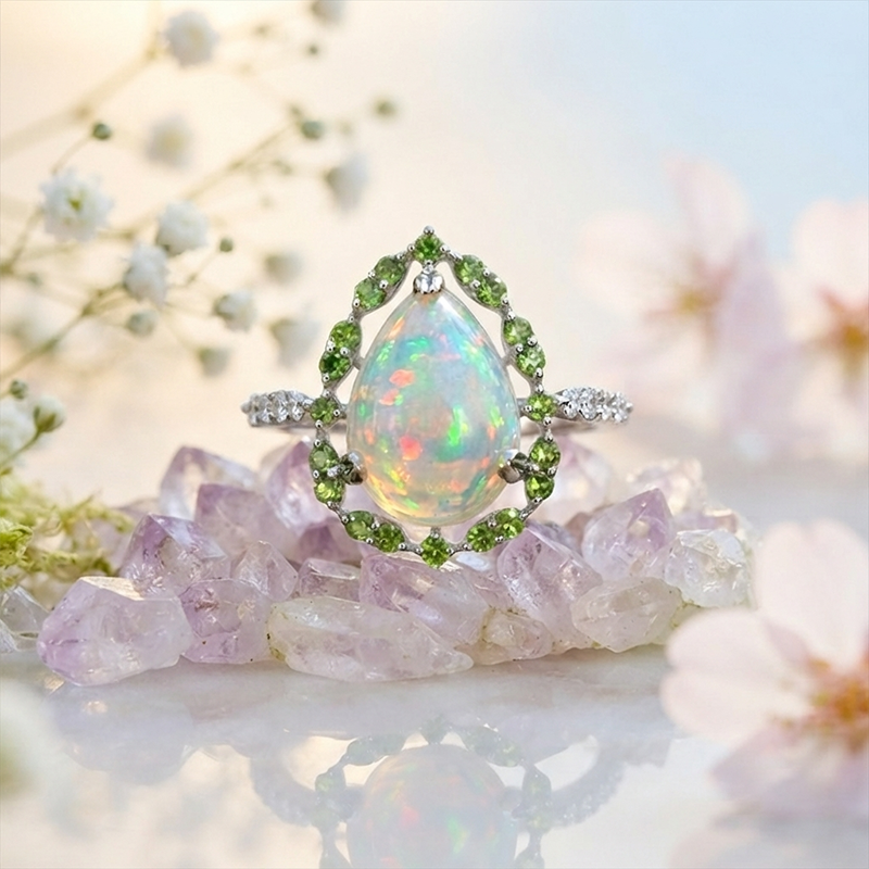 Ethiopian Opal Cab Pear Shape 2.67 Carat Ring In 14K White Gold Accented With White And Green Diamonds