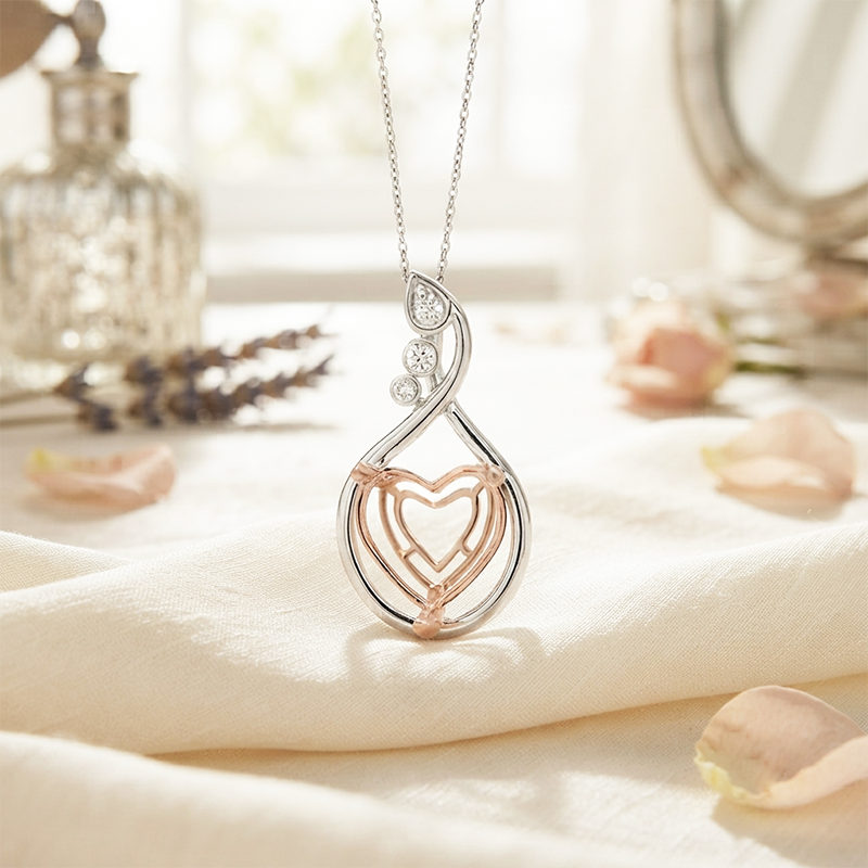 Heart Shape 13mm Pendant Semi Mount in 14K Dual Tone White and Rose Gold With Diamond Accents (Chain Not Included)