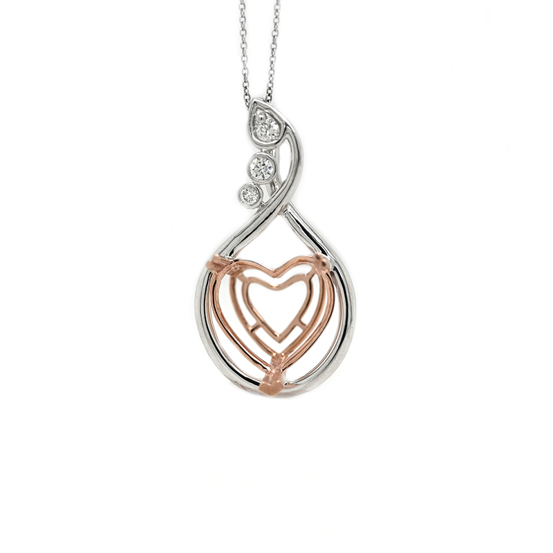 Heart Shape 13mm Pendant Semi Mount in 14K Dual Tone White and Rose Gold With Diamond Accents (Chain Not Included)