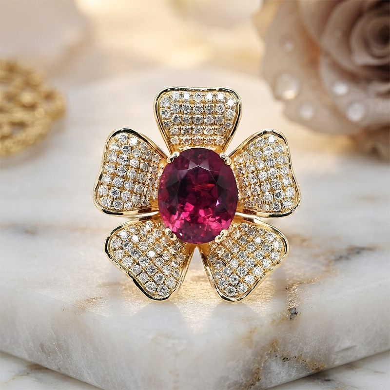 3.86 Carat Rubellite Tourmaline And Diamond Ring In 14k Dual Tone ( Yellow / White) Gold