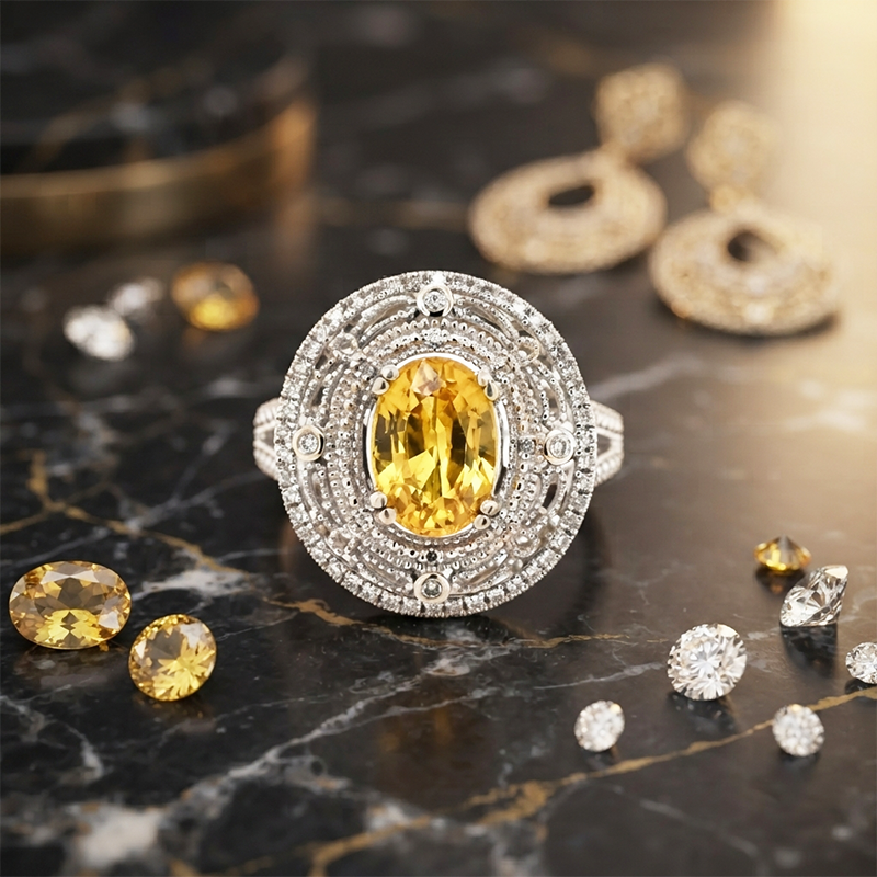 Vintage style Yellow Sapphire 2.90 Carat And Diamond Halo Ring, With In 14K White Gold