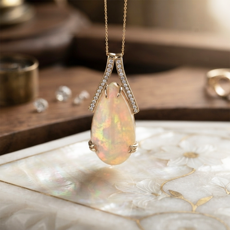 Ethiopian Opal Cab Pear 16.02 Carat Pendant in 14K Yellow Gold with Accents Diamond (Chain Not Included)