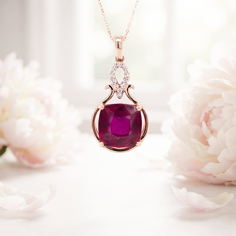 Madagascar Ruby Cushion 3.83 Carat Pendant In 14K Rose gold with Accent Diamond( Chain Not Included )