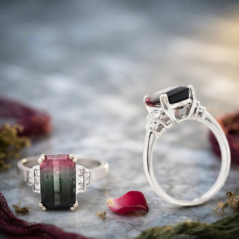 Watermelon Tourmaline Emerald Cut 2.86 Carats Ring in 14K White Gold With Diamond Accents