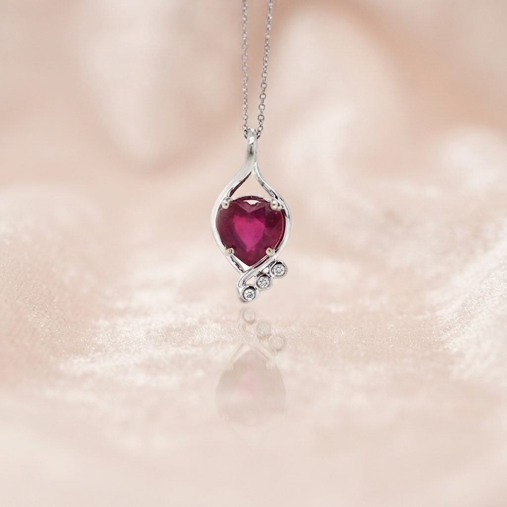 Madagascar Ruby 2.25 Carat, Heart Shape 8mm, Pendant in 14K White Gold with Diamond Accents (Chain Not Included)