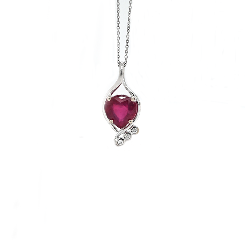 Madagascar Ruby 2.25 Carat, Heart Shape 8mm, Pendant in 14K White Gold with Diamond Accents (Chain Not Included)