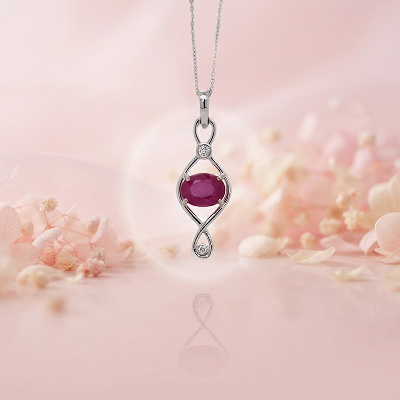 Madagascar Ruby 3.46 Carat, Oval Shape 8x6mm, Pendant in 14K White Gold with Diamond Accents (Chain Not Included)