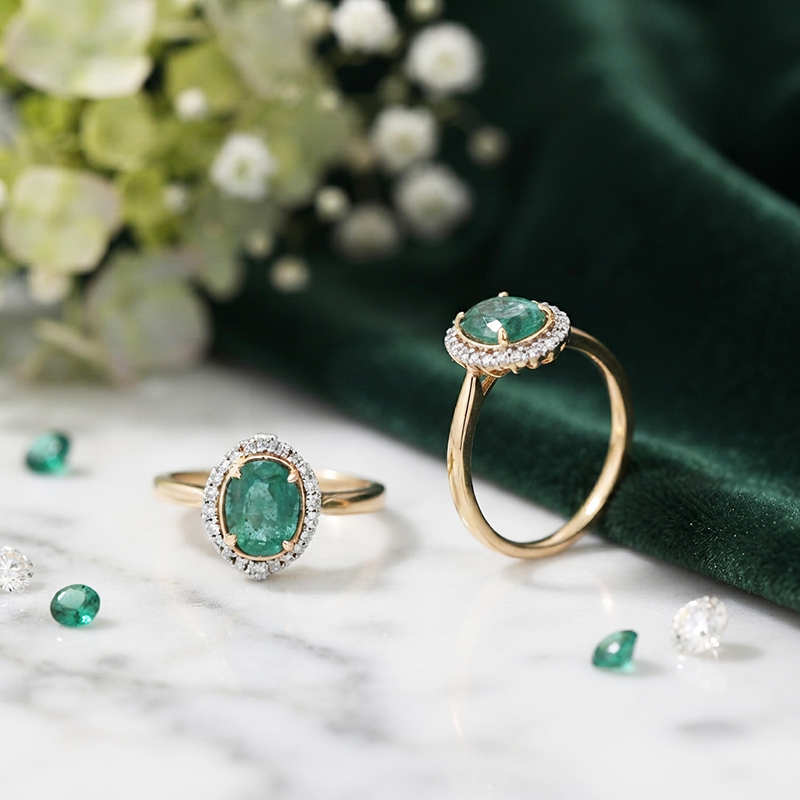 Zambian Emerald Oval 1.17 Carat Ring in 14K Yellow Gold with Diamond Accents