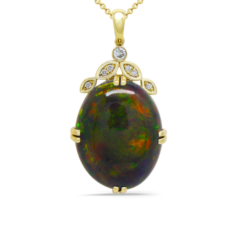 Ethiopian Black Opal Cab Oval 20.85 Carat Pendant In 14K Yellow Gold With Diamond Accent (Chain Not Included)