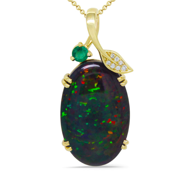 Ethiopian Black Opal Cab Oval 25.95 Carat Pendant In 14K Yellow Gold With Diamond Accent (Chain Not Included)