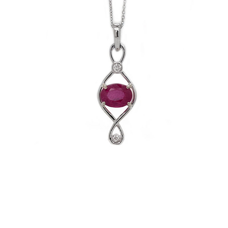Madagascar Ruby 3.46 Carat, Oval Shape 8x6mm, Pendant in 14K White Gold with Diamond Accents (Chain Not Included)