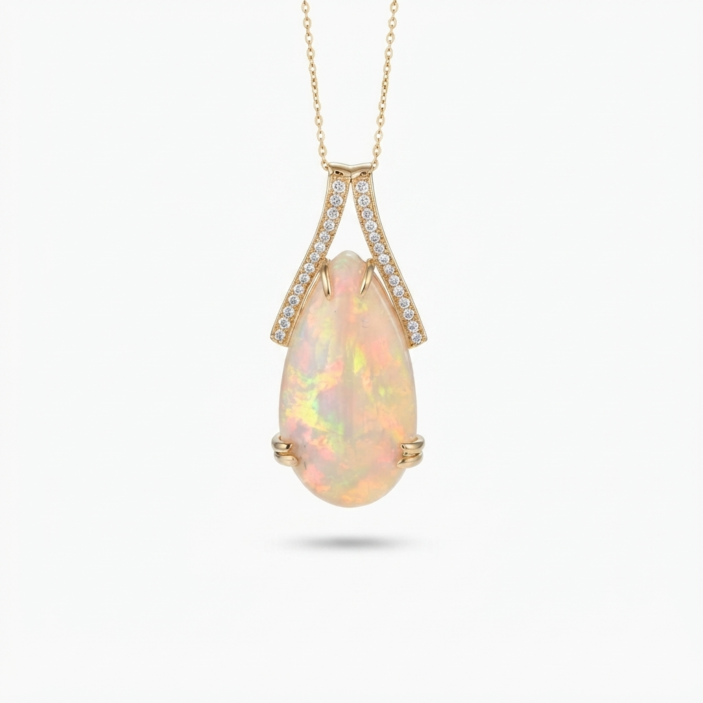 Ethiopian Opal Cab Pear 16.02 Carat Pendant in 14K Yellow Gold with Accents Diamond (Chain Not Included)